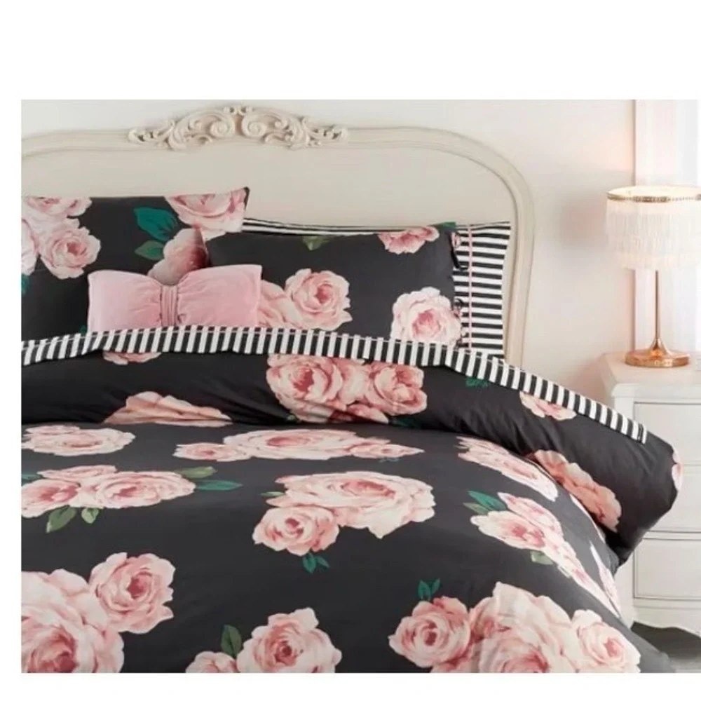 Emily & Meritt for PBteen Twin Duvet‎ Cover Black Pink Floral Rose 100% Cotton